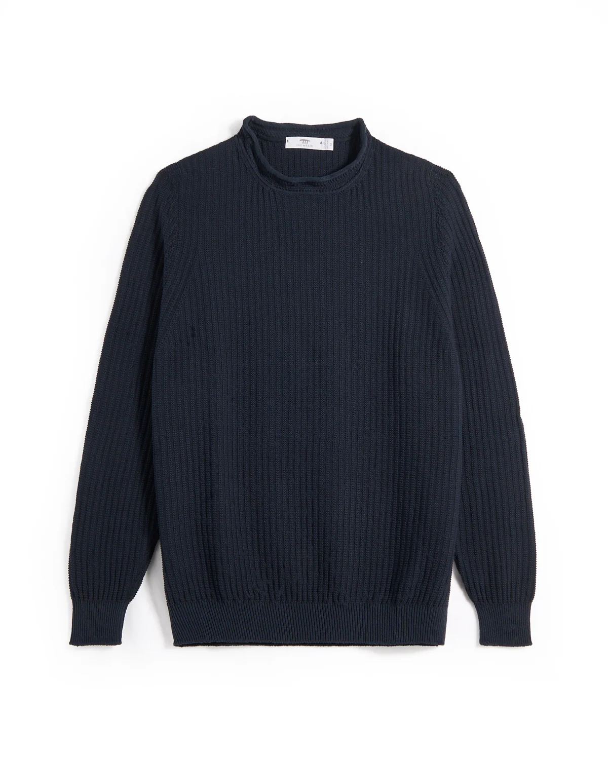 Cotton-Linen Chevron Neck Moss Rib Crewneck Sweater